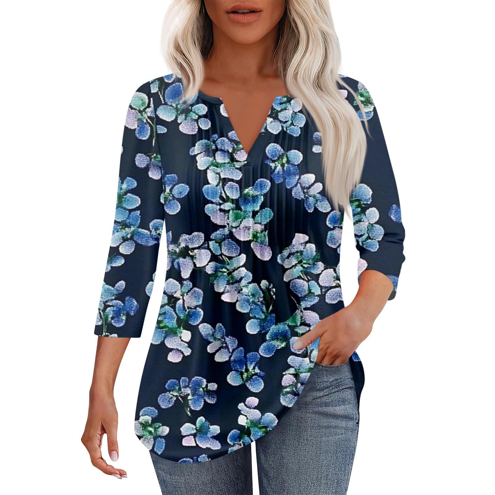 

Женская модная повседневная плиссированная футболка с V-образным вырезом и рукавом семь четвертей XXXL синий