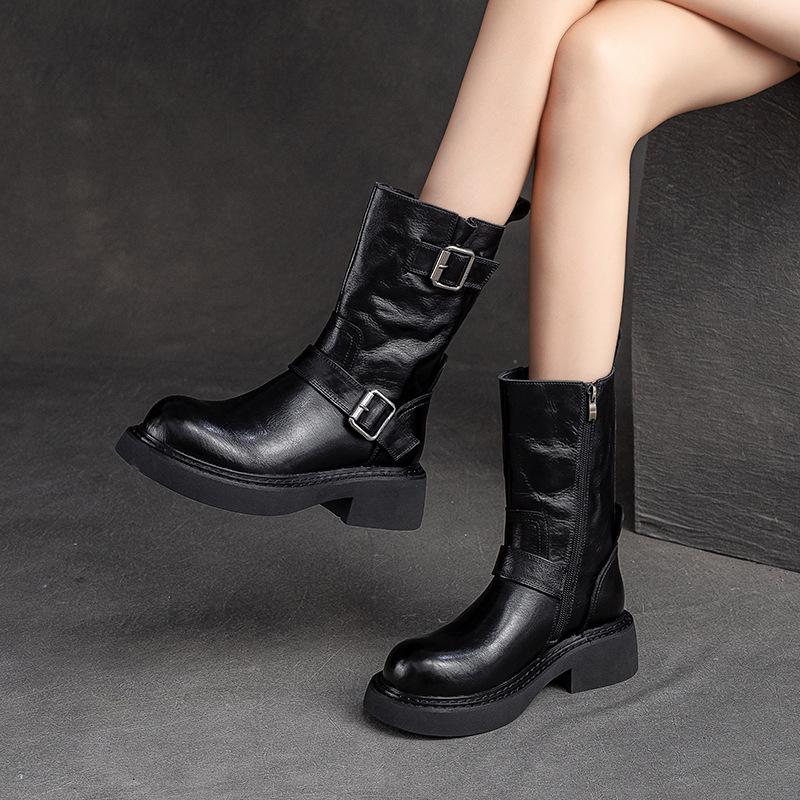 GKTINOO Handmade Mid-calf Boots Platform Women Genuine Leather Short Boots Round Toe Height Increasing Thick Sole Ladies Shoes