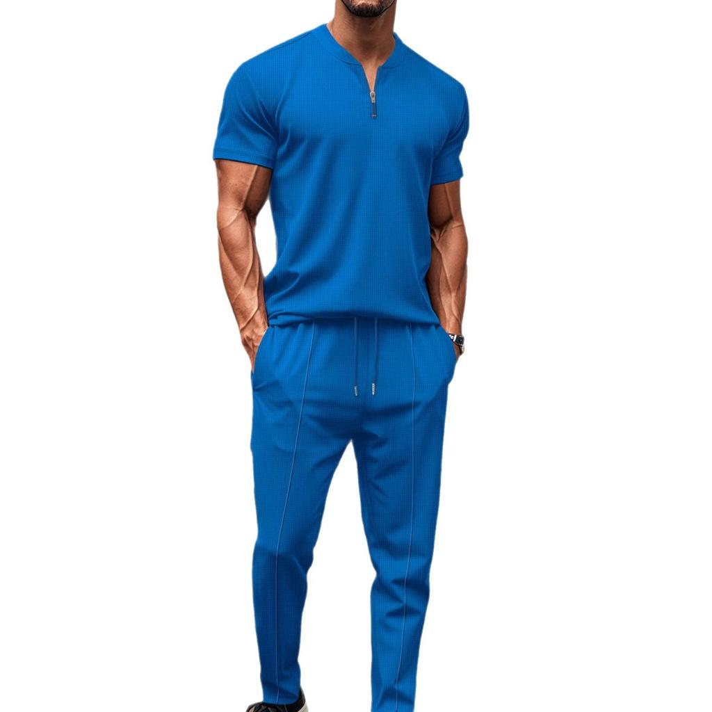 Summer 2025 Men's Waffle Knit Stand Collar Zipper Top and Long Pants Set - European & American Style