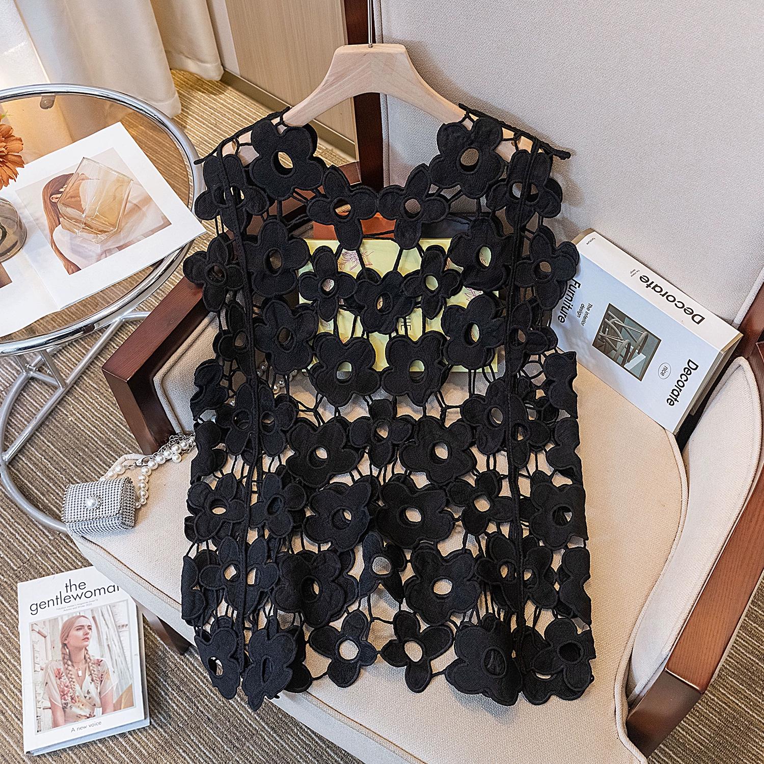 

Dimanaf 2025 Новая футболка женская трикотажная кружевная жилетка с круглым вырезом ажурный летний стиль базовые топы футболки свободная одежда 253 One Size чёрный