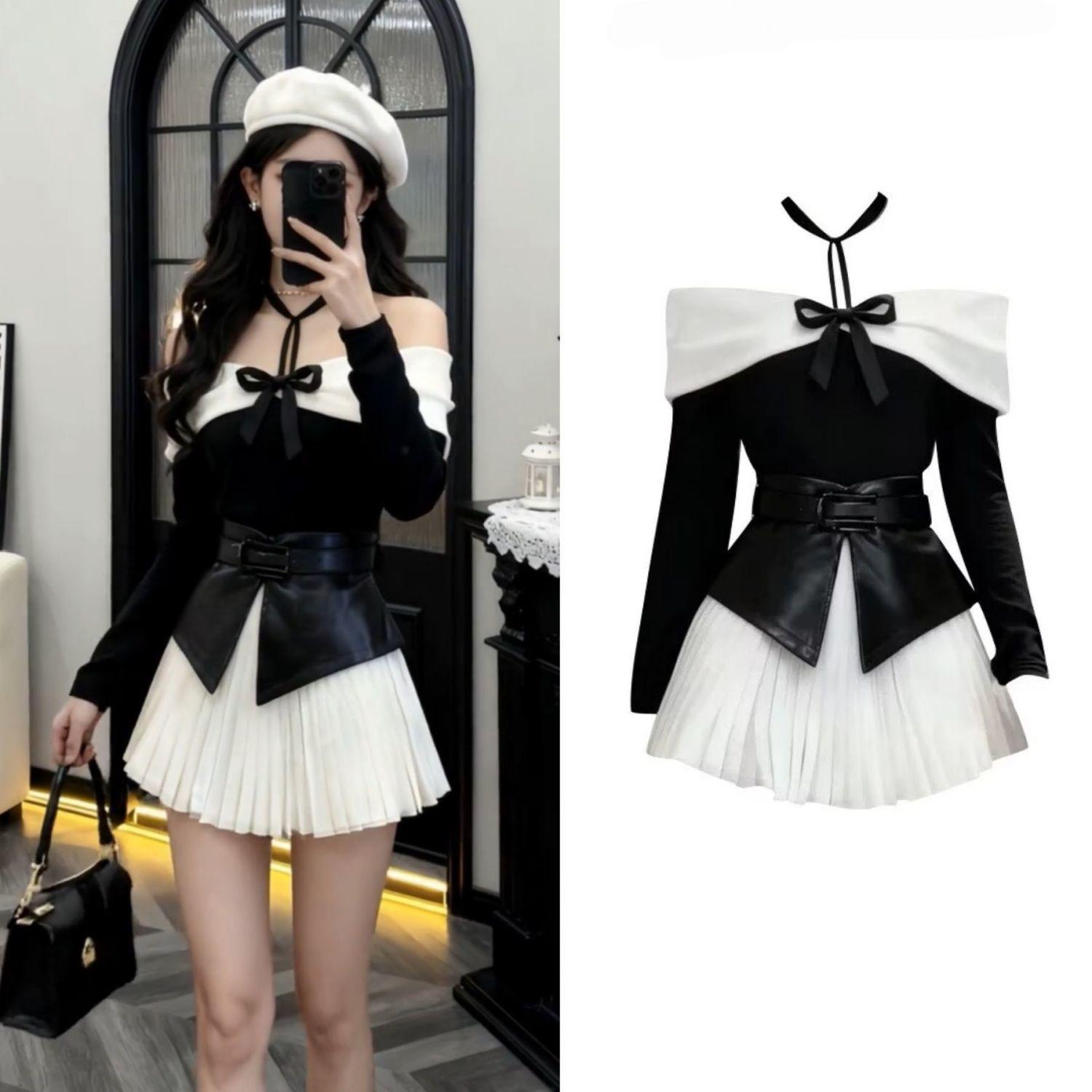 

Elegant One-Shoulder Bow Top and Pleated Skirt Set - Autumn/Winter Collection XL
