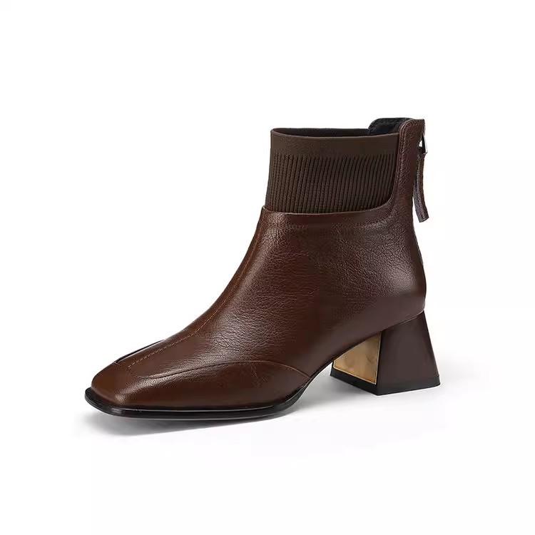 Fashion 5cm Retro Elastic Short Boots for Women Autumn Winter 2025 New Zip Chunky Middle Heel Knitted Mouth Boots Botines Para Mujeres