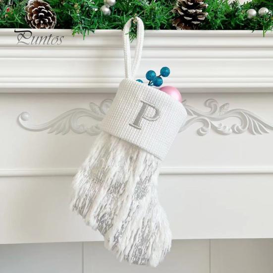 1Pc Christmas White Stocking Letter Embroidery Knitted Handmade Reusable Xmas Tree Hanging Gift Bag Stocking Pendant Party Holiday Decoration