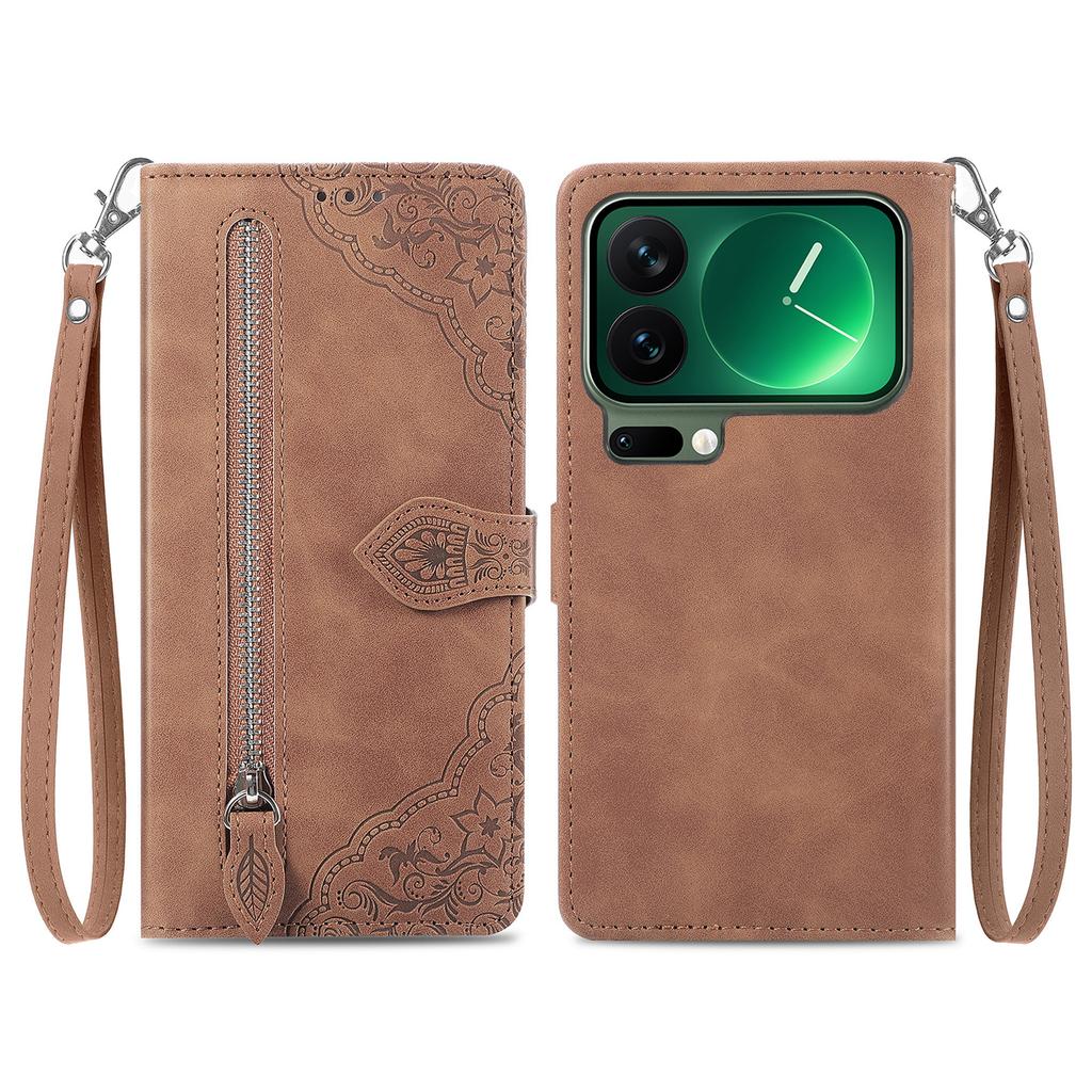 For Xiaomi 17 Pro Max Zipper Wallet Case with Strap Flower Imprint PU Leather Phone Cover