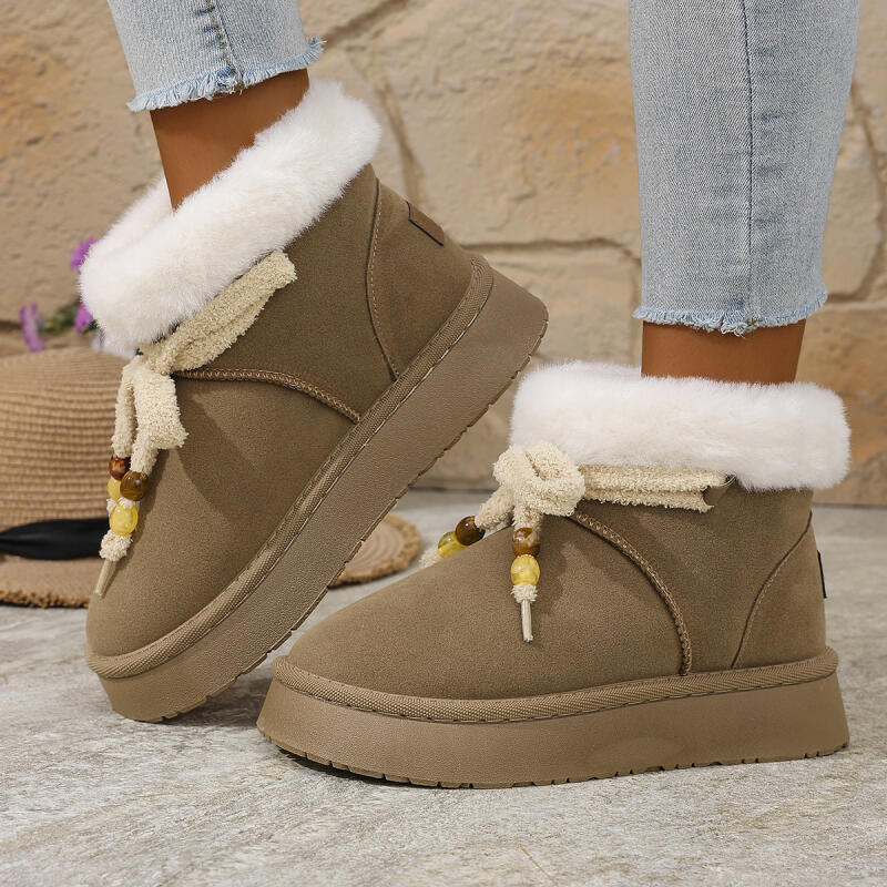 Fashion Women's Thick Bottom Furrry Snow Boots Winter 2025 Lacu Up Bowknot Fur Ankle Boots Warm Short Plush Designer Shoes for Woman