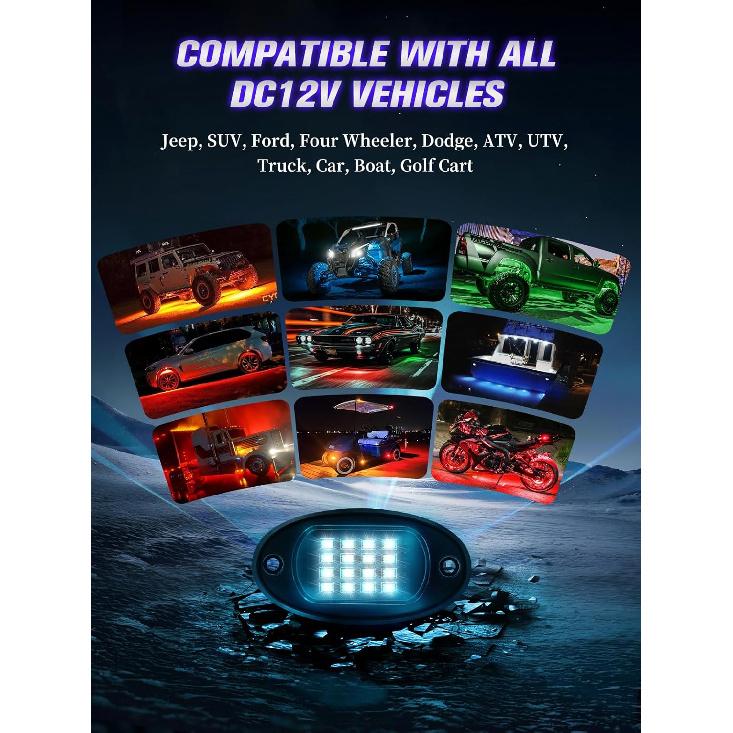 8 Pods RGB LED Rock Lights with APP/RF Remote Control High Brights Waterproof Underglow Multicolor Zone Neon Exterior Rock Lights for 12V Trucks Jeep