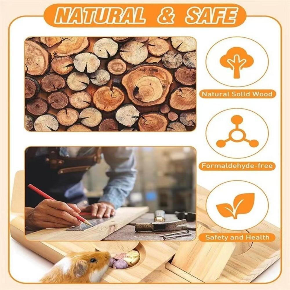 New Wooden Hamsters Foraging Toy 6 Food Holes Interactive Treat Dispenser Toy Natural with Lid Guinea Pig Feed Tray Pet Supplies