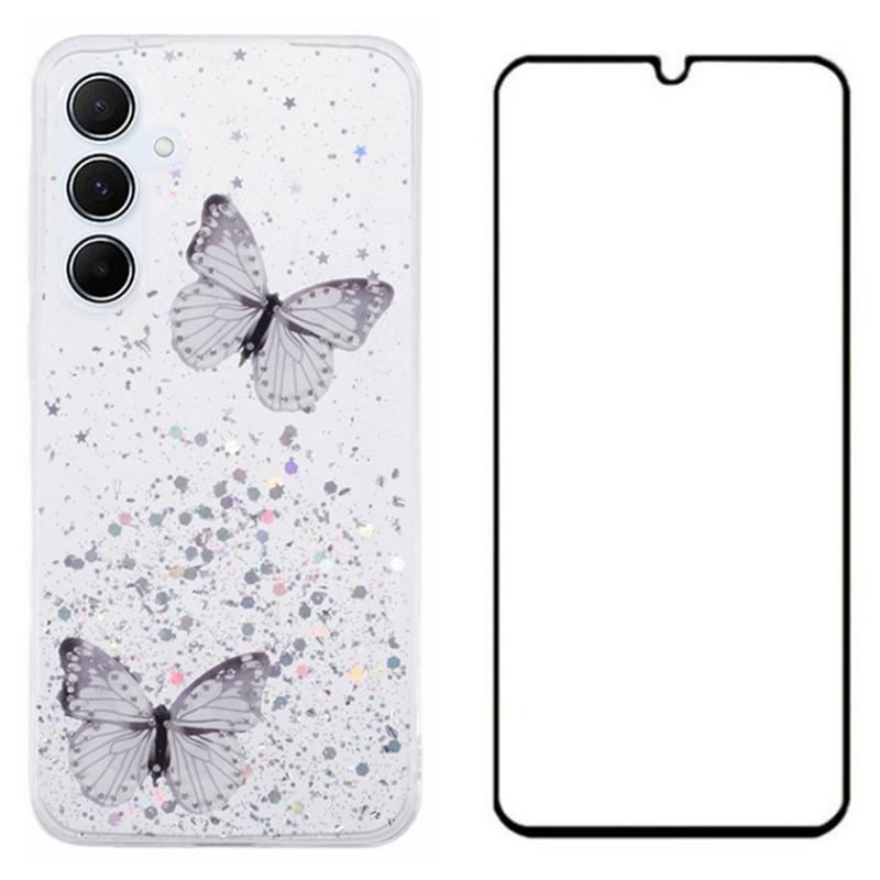 WANLONFENG AW Series for Samsung Galaxy A15 4G/5G Case 3D Butterfly TPU Glitter Phone Cover with Screen Protector