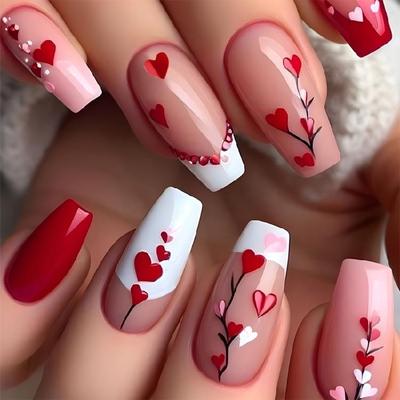 Press On Nail Long Coffin False Nail Set Press On Nail Heart Designs Artificial Nail for Weddings and Special Occasion
