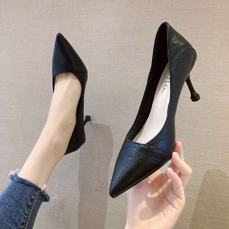 2025 Spring New Black Pointed Shallow Mouth Single Shoes Women's Professional Work Work Stiletto High Heels