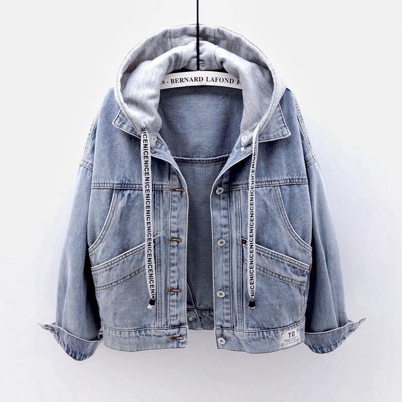 

2025 Korean Style Women s Hooded Denim Jacket - Short, Fashionable, with Big Pockets for Spring and Autumn Casual Wear. Large
