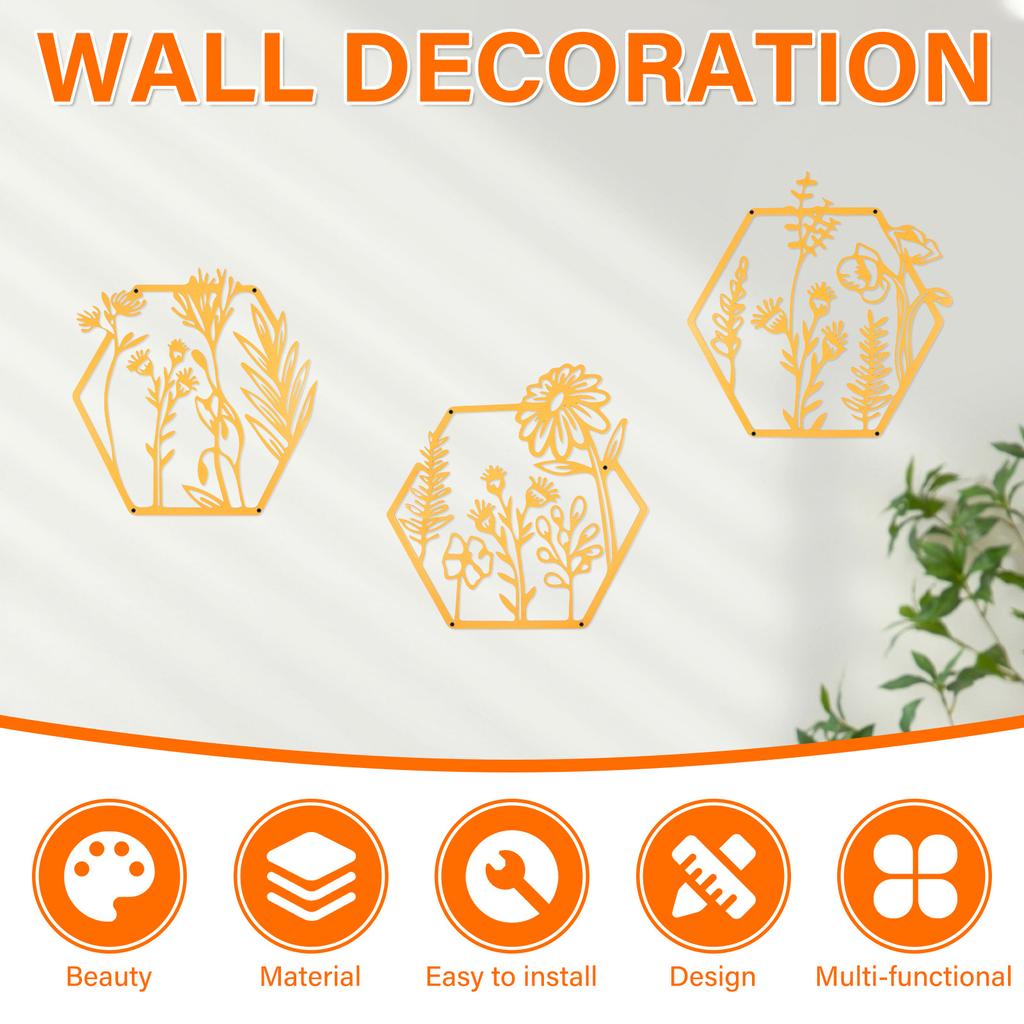3Pcs Iron Metal Flower Wall Decor  Abstract Floral Splicing Line Art Hanging Wall Sculpture for Living Room Bedroom Decorations