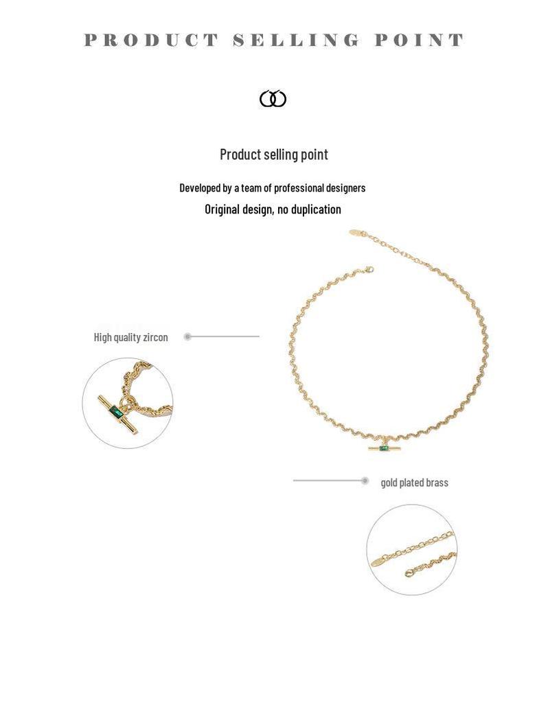 18K Gold Plated Korean Retro Curved Chain Necklace with Emerald Zircon for Women (Autumn/Winter)