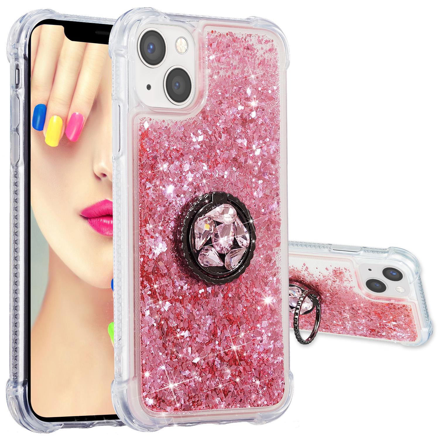 

For iPhone 15 Soft TPU Phone Case Ring Holder Kickstand Phone Cover with Liquid Quicksand Sequin Pink