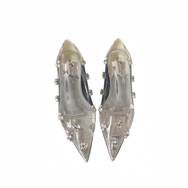 Transparent rhinestone flats female spring versatile gentle fairy thick heel bridesmaid shoes pointed temperament single shoes