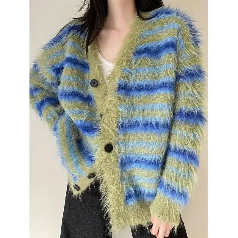 V-neck Striped Cardigan Sweater Green Women Knitted Coat Imitation Mink Velvet Thickened Warm Relaxed Casual Sweet New Fashion Y2k