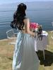Elegant French-Style Sexy Backless Blue Spaghetti Strap A-line Beach Dress for Women