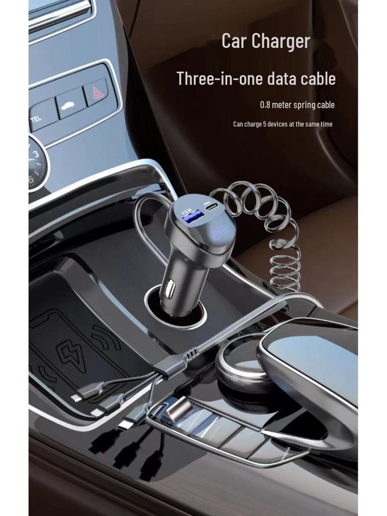KC08 Car Charger: 3-in-1 Retractable Cable with Quick Charge and Voltage Display