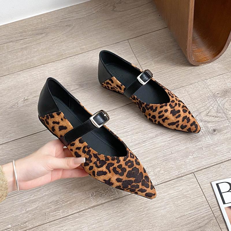 Fashion sexy leopard height increasing flat shoes woman buckle belt loafers pointed toe flock flats ladies cozy moccasins big size 42
