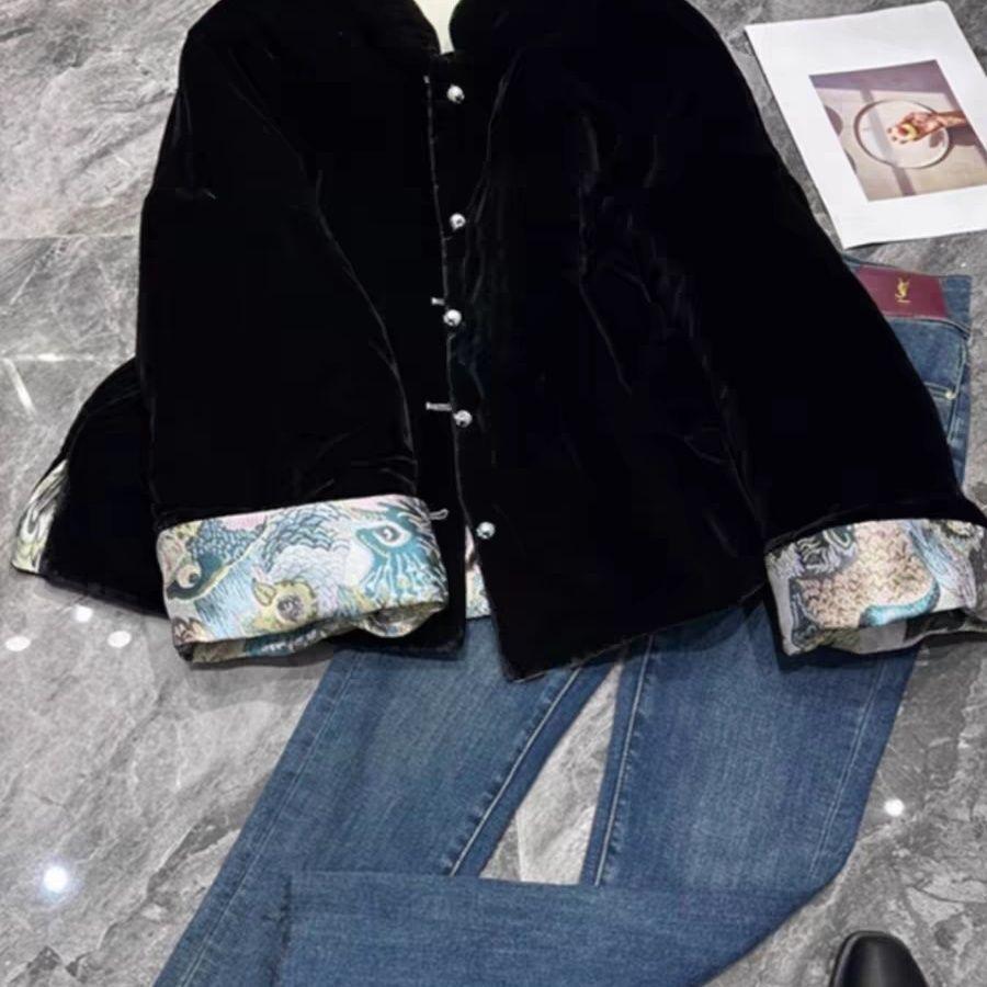 

Двустороннее бархатное пальто со стойкой - 2024, китайский стиль, защита от холода, хлопковая подкладка, свободный крой M (95-110 jin) - Order one size larger