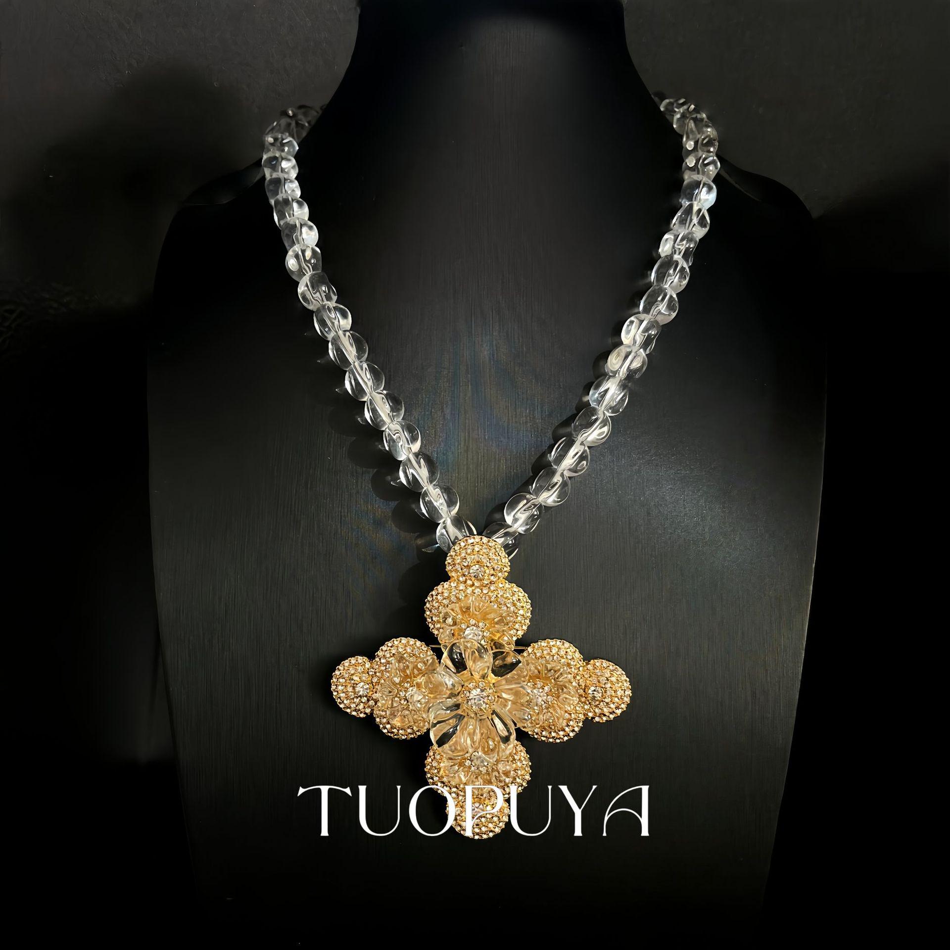 Luxury Glass Bead Necklace with Detachable Gold Cross Diamond Pendant and Brooch