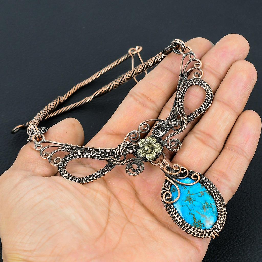 Blue Turquoise Handmade Gemstone Necklace, 999 Copper Wire Wrapped Antique Jewelry Adjustable Chain Necklace, For Engagement Gift