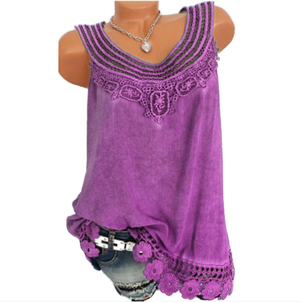 Women's Loose Sleeveless Vest T-shirt Blouse With Elegant Boho Lace Design In Plus Sizes