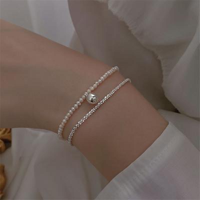 925 Sterling Silver Dvouvrstvý kulatý náramek s perlovými korálky Náramek pro ženy Dívky Party Korejské šperky Příslušenství Sl128