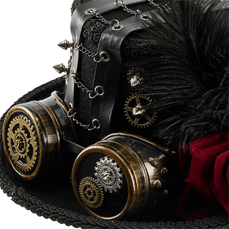 Gothic Metal Gear Hat Costume Accessory With Goggles and Rose Flower Long Veil Magicians Tall Hat for Theme Event
