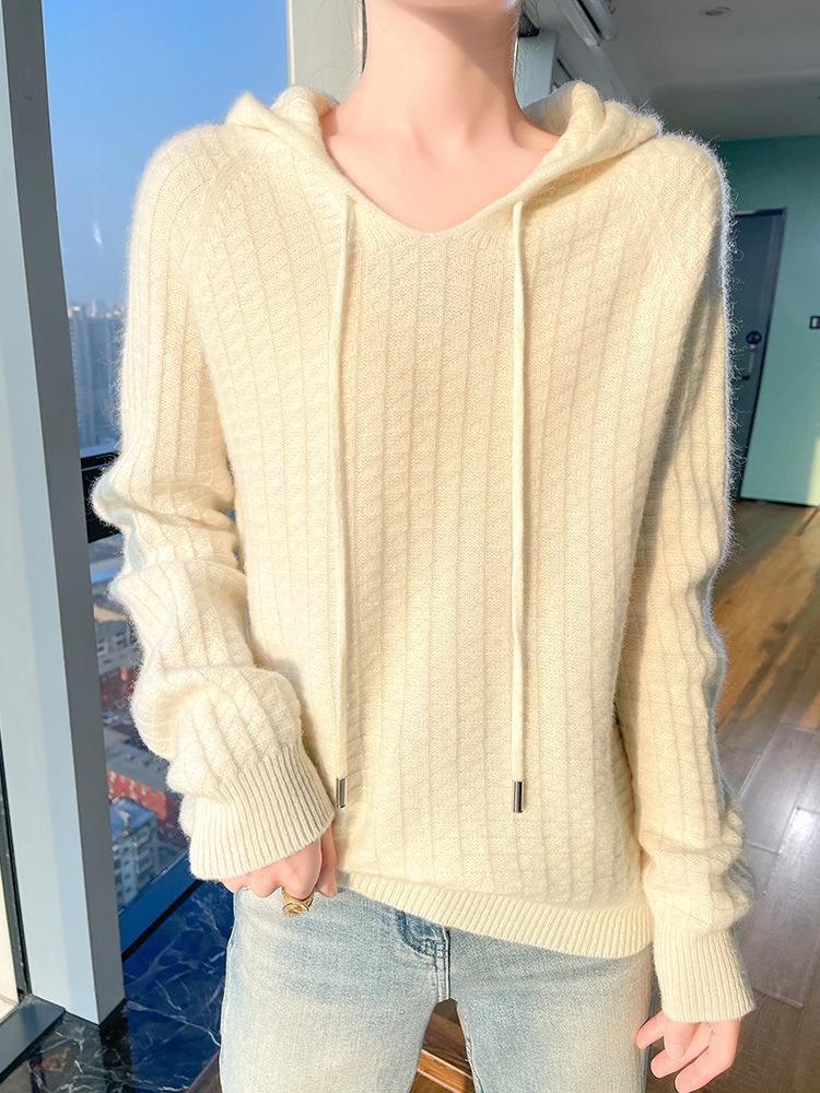 Women's Hooded Pure Wool Knit Hoodie - Autumn/Winter Soft Fluffy Loose Style