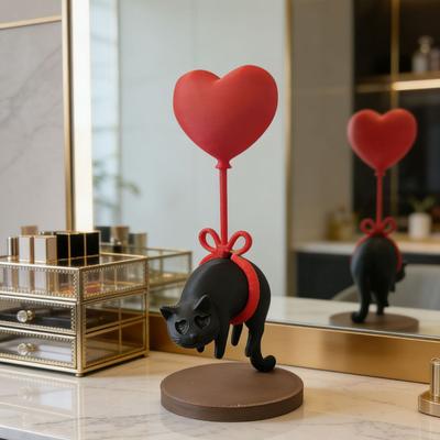 Cute Cat with Red Heart Balloon Figurine 3D Printed Romantic Love Heart Kitten Statue for Desk Shelf Decor Gifts for Cat Lovers