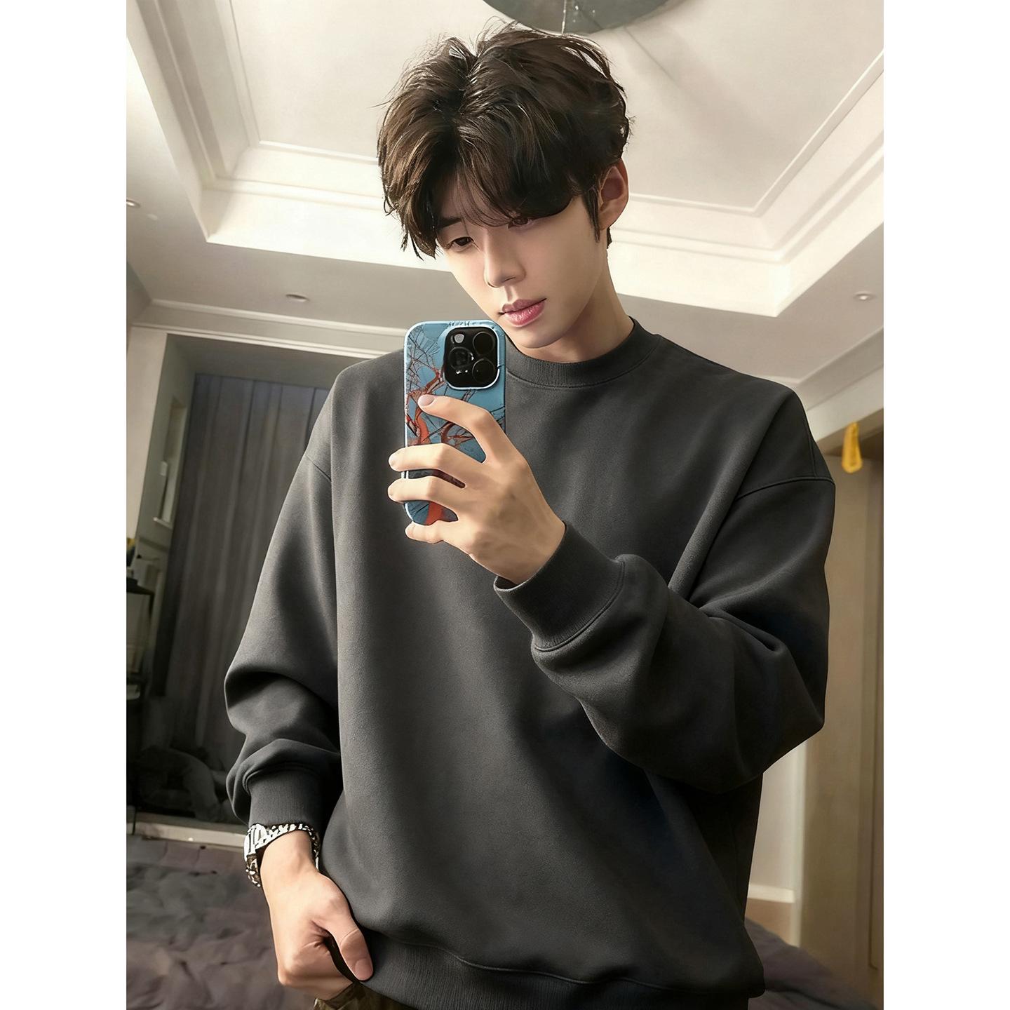 2025 Men s Heavyweight Fleece-Lined Long-Sleeve Round Neck Sweatshirt L