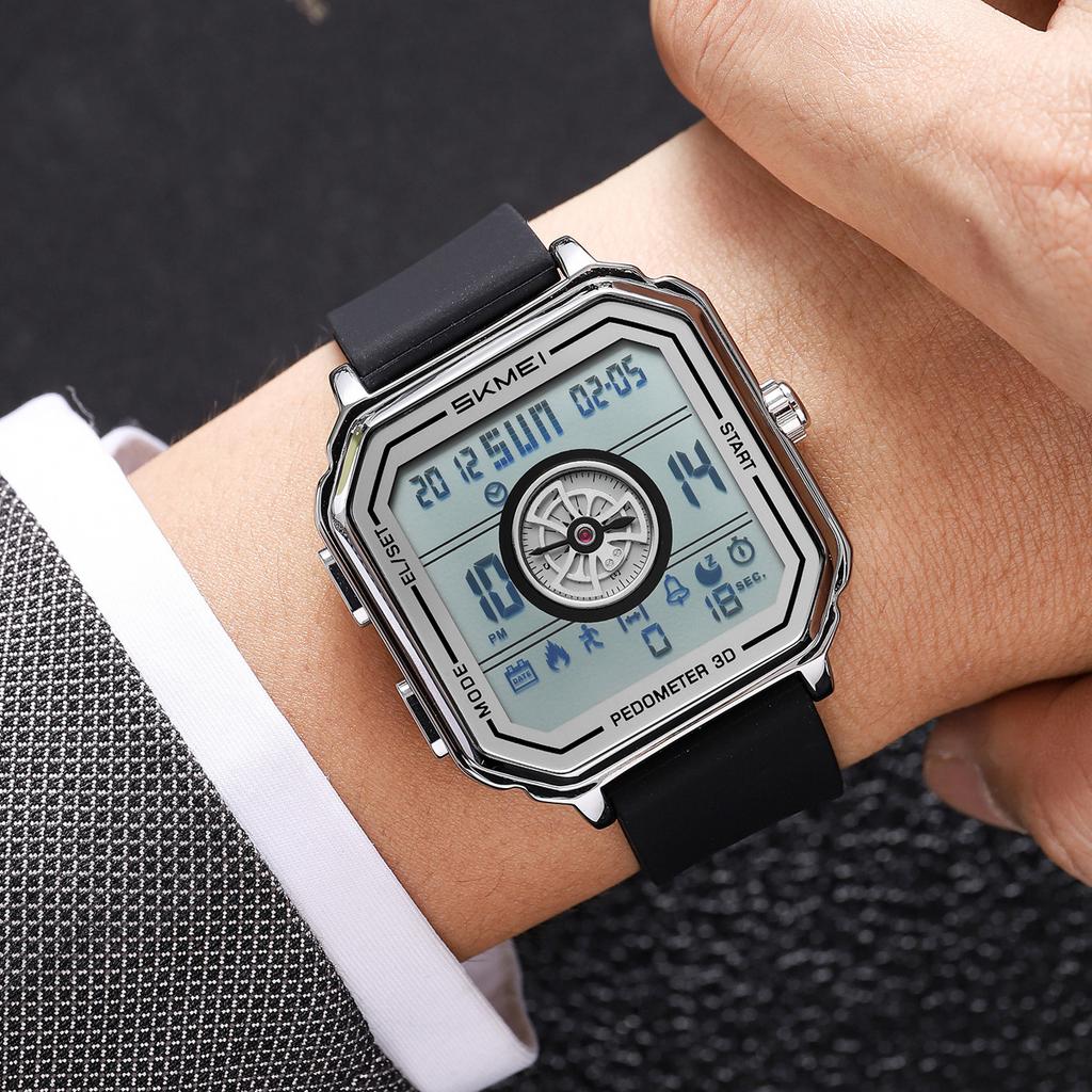 Square retro men's electronic watch, silicone tape, multi-function step counting, chronograph on the hour, sports watch