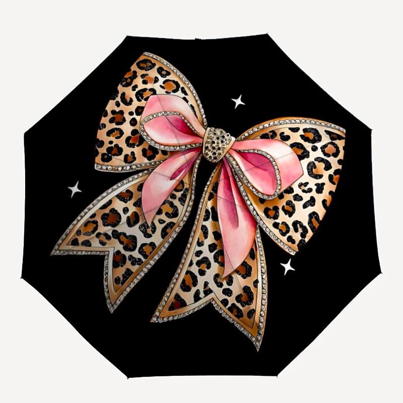 

1pc Leopard Print Bow Automatic Open/Close Umbrella, Portable Folding Umbrella, Compact Travel Umbrella for, Birthday/Christmas Gift 5105