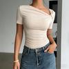 Women Shirt Short Sleeve Sloping Collar Commuting Style Casual Tops Slim Fit Pure Color Summer Tee Shirt