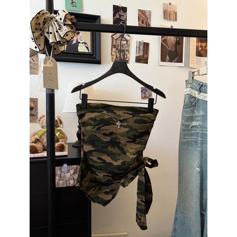 Kumikumi American Style Gyaru Style Retro Camouflage Tube Top Vest Women clothes Summer Irregular Straps Sleeveless Top