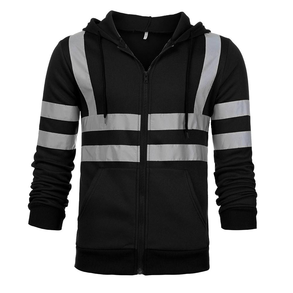 Fleece-lined Outdoor Sanitation Workwear Men's High Visibility Reflective Strip Zipper Hooded Sweatshirts