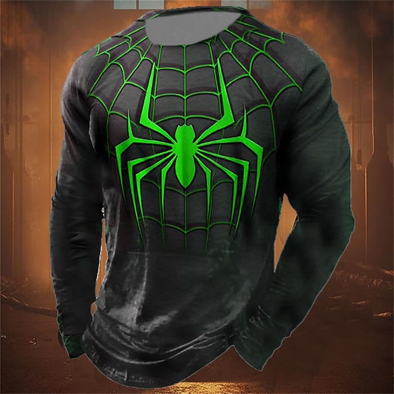 Men's casual long sleeved O-neck T-shirt with spider print