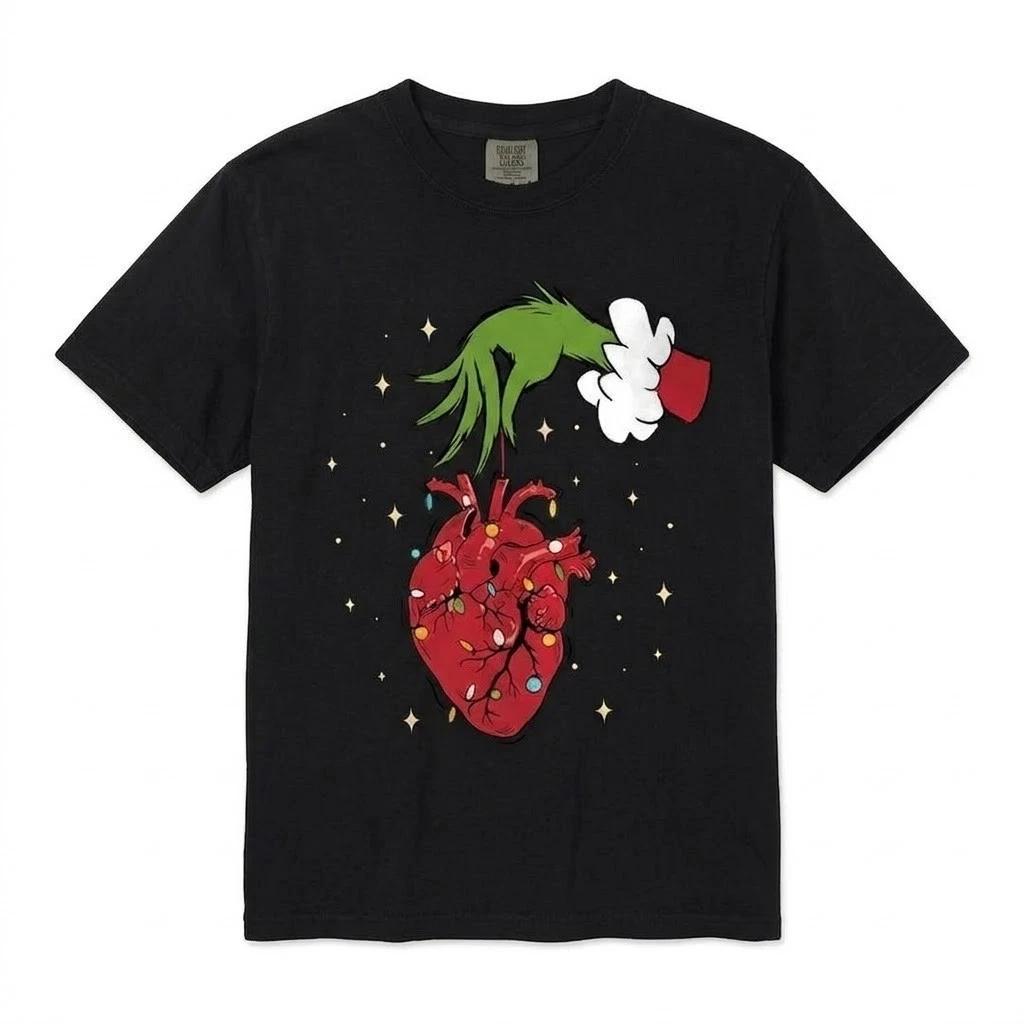 Christmas Grinch Hand Holding Anatomical Heart Lights Shirt Funny Holiday Gift T XXXL