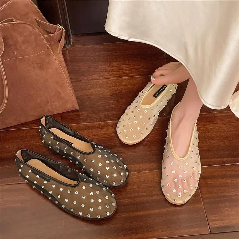 Women's Flat Shoes One Kick Mesh-edge Upper Rhinestones Soft Soles Shoes Women Dress Breathable Fairy Style Zapatillas De Mujer