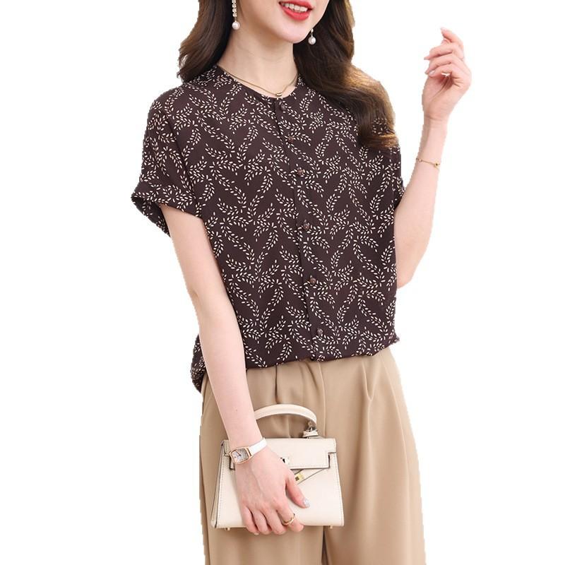 Fashion double crepe silk shirt women's middle sleeves summer new loose shirt mulberry silk shirt