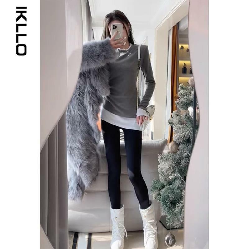 

Women s Mid-Length Long-Sleeve Brushed T-Shirt with Ruched Waist, Double-Layer, Slim Fit, Irregular Hem - New Autumn/Winter Style. Small сірий колір