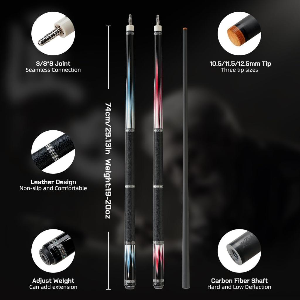 KONLLEN Carbonfaser Pool Queue, 58 Zoll Billard Queue, Professioneller Low Deflection Pool Queue mit 10,5mm/11,5mm/12,5mm Spitze