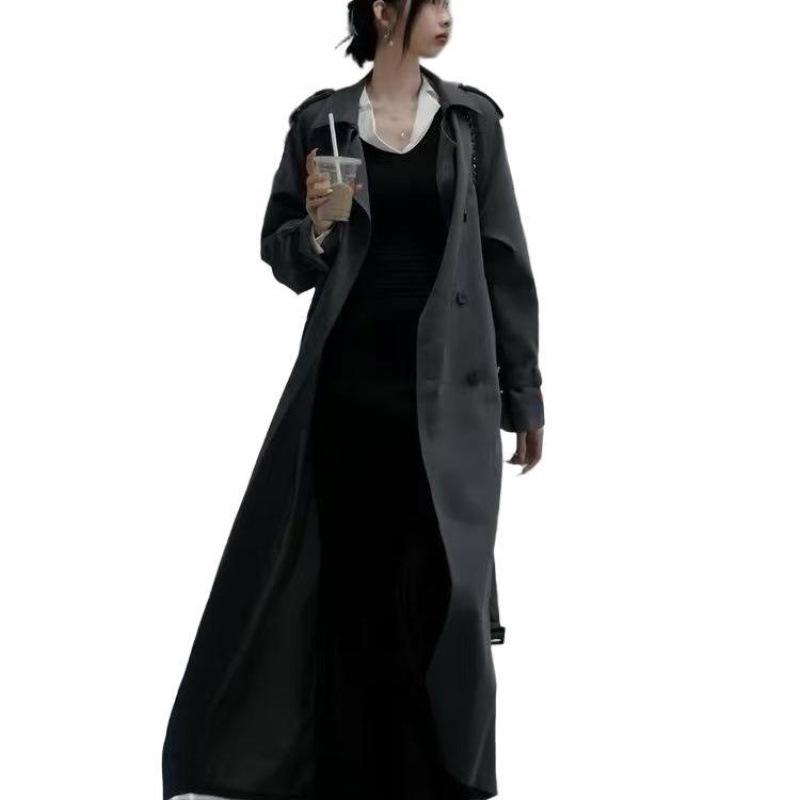 Women's Tall Extra-Long Grey Trench Coat, Spring Autumn 2025 New Style, Ankle-Length Casual Outerwear