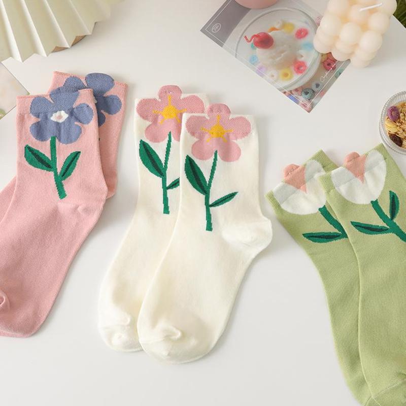 Cotton Women Socks Casual Breathable Japanese Korean Style Cartoon Flower Candy Color  Female Middle Tube Sock