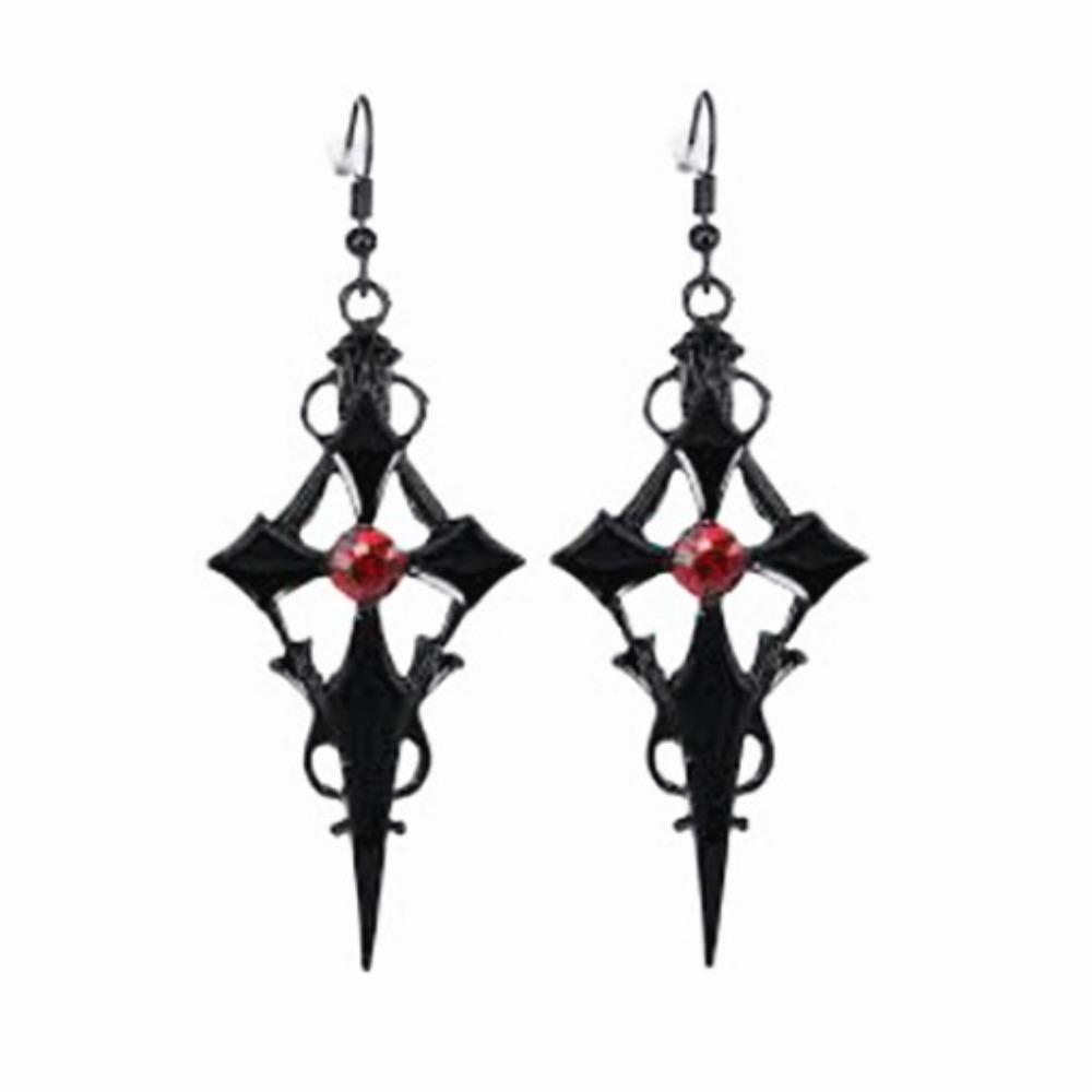 Gothic Punk Black Hollowed-out Cross Pattern Red Rhinestone Dangle Earrings for Women Hallowmas Party Personality Jewelry Gifts