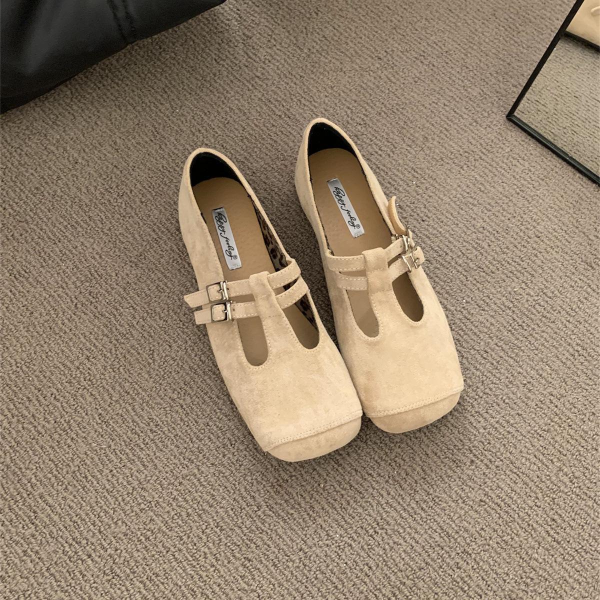 

Late evening wind gentle square head suede flat-soled single shoes 2025 spring and autumn soft-soled ballet shoes with skirt Doudou grandma shoes 40 абрикосовий