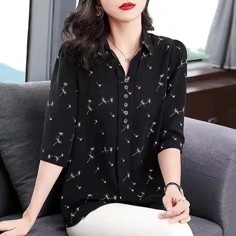 Camicia da Donna a Manica Media Larga con Stampa Floreale Primavera/Estate Taglie Forti Camicia da Mamma