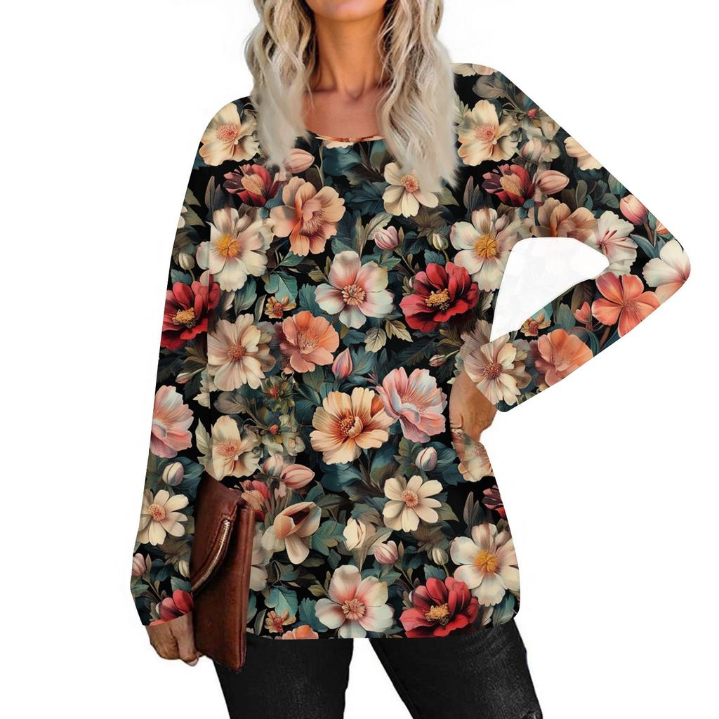 Women's Loose Casual Printed Round Neck Long Sleeved T Shirt Top Pullover Long Sleeved Sweatshirt