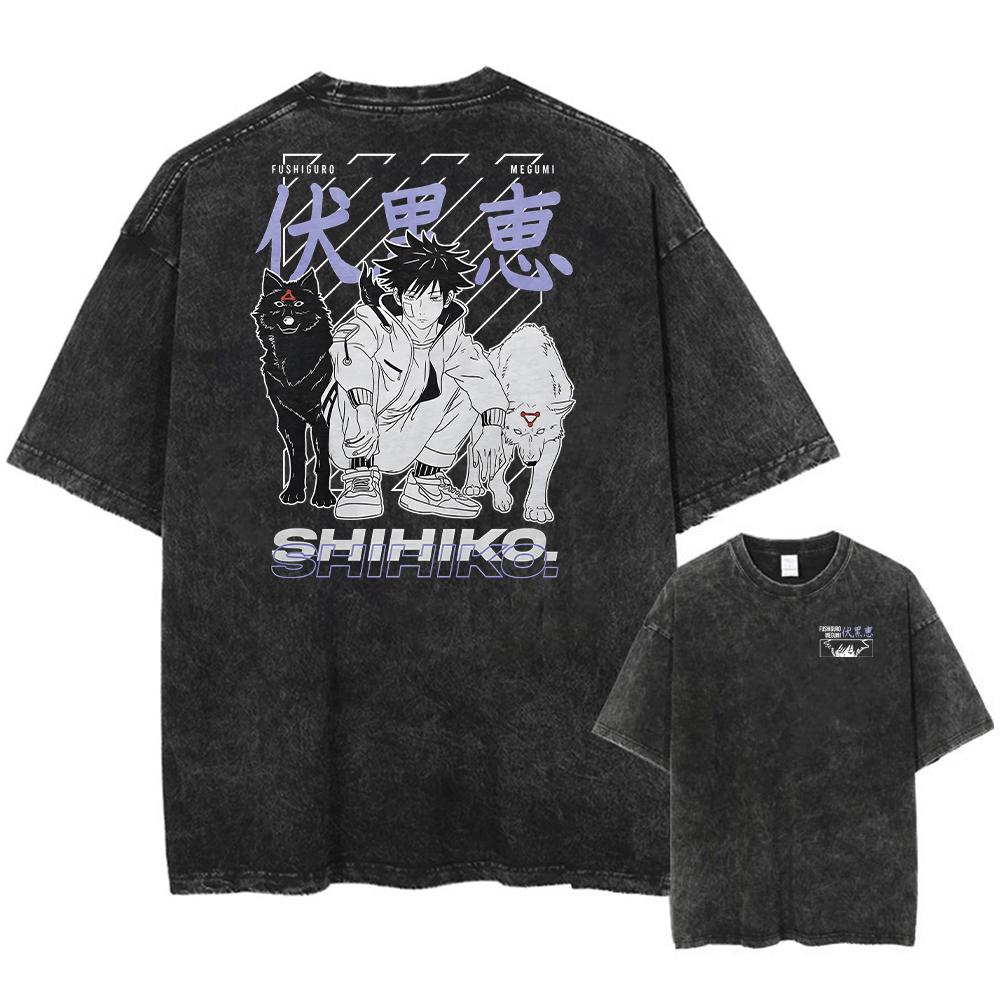 Men Streetwear Washed Acid Oversized T Shirt Japanese Anime Retro Worn Graphic Print T-Shirt Cotton Short Sleeve Tees